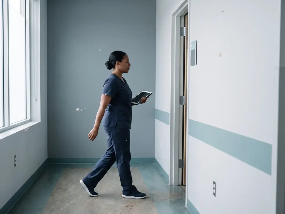 A clinician walks down a clinic hallway holding a tablet