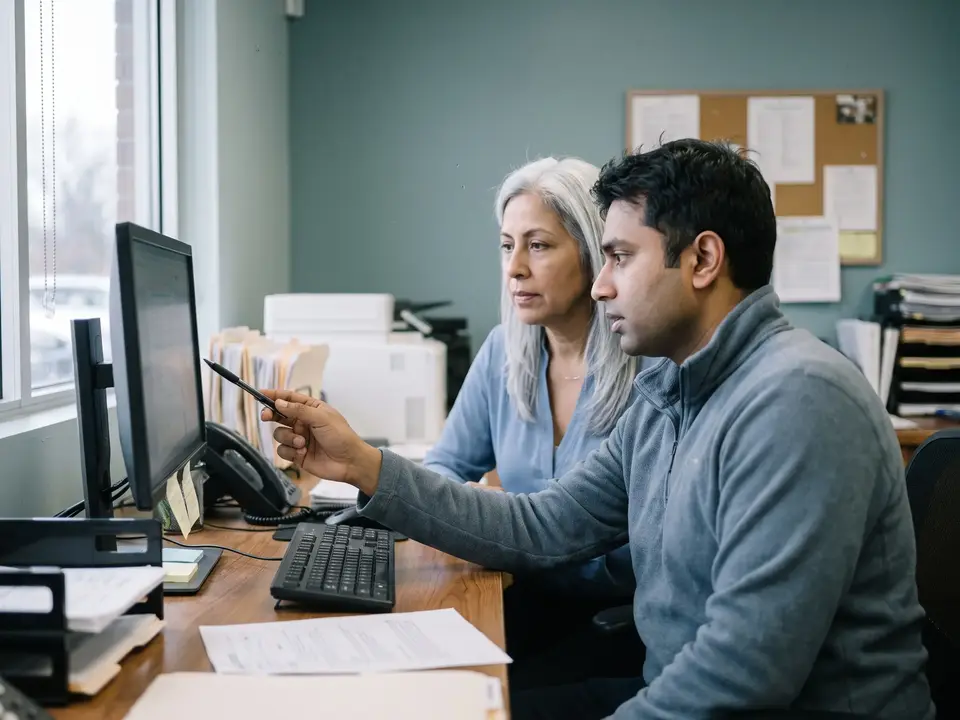 Two front desk staff review a screen together
